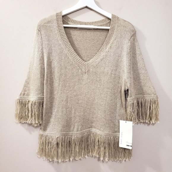 Bishop + Young - Oatmeal V-Neck Fringe Sweater - Size S (NWT) - Picture 4 of 8
